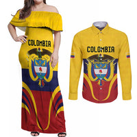 Colombia Football Custom Couples Matching Off Shoulder Maxi Dress and Long Sleeve Button Shirt Come On Los Cafeteros Flag Style