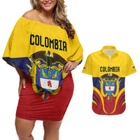 Colombia Football Custom Couples Matching Off Shoulder Short Dress and Hawaiian Shirt Come On Los Cafeteros Flag Style