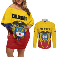 Colombia Football Custom Couples Matching Off Shoulder Short Dress and Long Sleeve Button Shirt Come On Los Cafeteros Flag Style