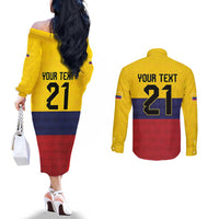Colombia Football Custom Couples Matching Off The Shoulder Long Sleeve Dress and Long Sleeve Button Shirt Come On Los Cafeteros Flag Style