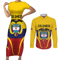 Colombia Football Custom Couples Matching Short Sleeve Bodycon Dress and Long Sleeve Button Shirt Come On Los Cafeteros Flag Style