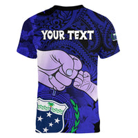 Personalised Dads Day Samoa Women V Neck T Shirt Dad Ou Te Alofa Ia Te Oe Tama - Blue Polynesian Flowers Tribal - Wonder Print Shop