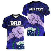 Personalised Fathers Day Polynesian Islands Samoa Women V Neck T Shirt Dad Ou Te Alofa Ia Te Oe Tama - Blue Polynesian Flowers Tribal - Wonder Print Shop
