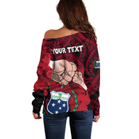Personalised Fathers Day Polynesian Islands Samoa Off Shoulder Sweater Dad Ou Te Alofa Ia Te Oe Tama - Red Polynesian Flowers Tribal - Wonder Print Shop