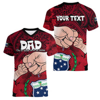 Personalised Dads Day Samoa Women V Neck T Shirt Dad Ou Te Alofa Ia Te Oe Tama - Red Polynesian Flowers Tribal - Wonder Print Shop