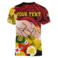 Personalised Dads Day Tonga Women V Neck T Shirt Dad Ofa lahi atu - Polynesian Flowers Tribal - Wonder Print Shop