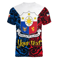 Personalised Polynesian Philippines Women V Neck T Shirt Pilipinas Flag Style for 125th Independence Anniversary Black - Wonder Print Shop