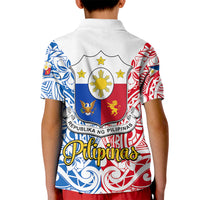 Kids white polo shirt, back view with Philippines crest and red-blue Polynesian pattern