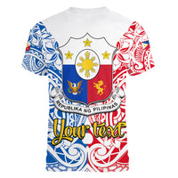 Personalised 125th Independence Anniversary Philippines Women V Neck T Shirt Polynesian Pilipinas Flag Style - White - Wonder Print Shop