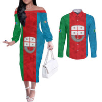 Personalized Italy Liguria Couples Matching Off The Shoulder Long Sleeve Dress and Long Sleeve Button Shirt Inspiration Flags Style