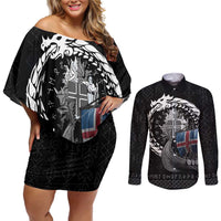 Iceland Viking Drakkar Couples Matching Off Shoulder Short Dress and Long Sleeve Button Shirt Viking Blood - Wonder Print Shop