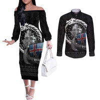 Iceland Viking Drakkar Couples Matching Off The Shoulder Long Sleeve Dress and Long Sleeve Button Shirt Viking Blood - Wonder Print Shop