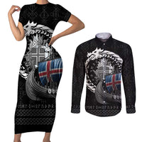 Iceland Viking Drakkar Couples Matching Short Sleeve Bodycon Dress and Long Sleeve Button Shirt Viking Blood - Wonder Print Shop