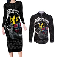 Norway Viking Drakkar Couples Matching Long Sleeve Bodycon Dress and Long Sleeve Button Shirt Viking Blood - Wonder Print Shop
