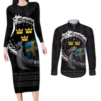 Sweden Viking Drakkar Couples Matching Long Sleeve Bodycon Dress and Long Sleeve Button Shirt Viking Blood - Wonder Print Shop