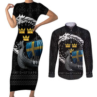 Sweden Viking Drakkar Couples Matching Short Sleeve Bodycon Dress and Long Sleeve Button Shirt Viking Blood - Wonder Print Shop