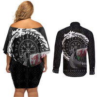 Wales Viking Drakkar Couples Matching Off Shoulder Short Dress and Long Sleeve Button Shirt Viking Blood - Wonder Print Shop