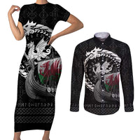 Wales Viking Drakkar Couples Matching Short Sleeve Bodycon Dress and Long Sleeve Button Shirt Viking Blood - Wonder Print Shop