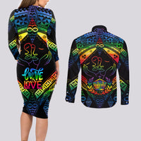 Tonga LGBT Couples Matching Long Sleeve Bodycon Dress and Long Sleeve Button Shirts Love Is Love Ngatu Rainbow Water Color LT9 - Wonder Print Shop