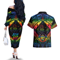 Tonga LGBT Couples Matching Off The Shoulder Long Sleeve Dress and Hawaiian Shirt Love Is Love Ngatu Rainbow Water Color LT9 - Wonder Print Shop