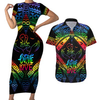 Tonga LGBT Couples Matching Short Sleeve Bodycon Dress and Hawaiian Shirt Love Is Love Ngatu Rainbow Water Color LT9 - Wonder Print Shop