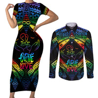 Tonga LGBT Couples Matching Short Sleeve Bodycon Dress and Long Sleeve Button Shirts Love Is Love Ngatu Rainbow Water Color LT9 - Wonder Print Shop