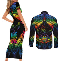 Tonga LGBT Couples Matching Short Sleeve Bodycon Dress and Long Sleeve Button Shirts Love Is Love Ngatu Rainbow Water Color LT9 - Wonder Print Shop