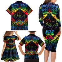 Tonga LGBT Family Matching Long Sleeve Bodycon Dress and Hawaiian Shirt Love Is Love Ngatu Rainbow Water Color LT9 - Wonder Print Shop