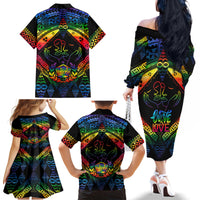 Tonga LGBT Family Matching Off Shoulder Long Sleeve Dress and Hawaiian Shirt Love Is Love Ngatu Rainbow Water Color - Wonder Print Shop