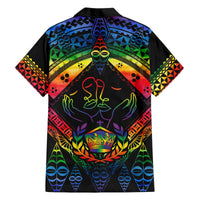 Black button-up Hawaiian shirt with rainbow face artwork and laurel crest on back