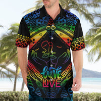 Black Hawaiian shirt with rainbow face artwork, 'love love' lettering, short sleeves