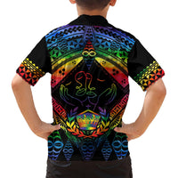 Black button-up Hawaiian shirt with rainbow back print of face artwork and laurel crest