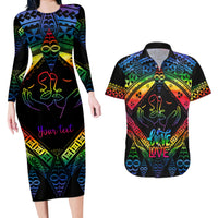 Personalised Tonga LGBT Couples Matching Long Sleeve Bodycon Dress and Hawaiian Shirt Love Is Love Ngatu Rainbow Water Color LT9 - Wonder Print Shop