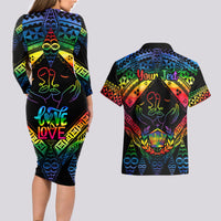 Personalised Tonga LGBT Couples Matching Long Sleeve Bodycon Dress and Hawaiian Shirt Love Is Love Ngatu Rainbow Water Color LT9 - Wonder Print Shop