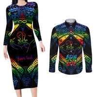 Personalised Tonga LGBT Couples Matching Long Sleeve Bodycon Dress and Long Sleeve Button Shirts Love Is Love Ngatu Rainbow Water Color LT9 - Wonder Print Shop