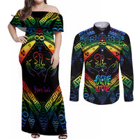 Personalised Tonga LGBT Couples Matching Off Shoulder Maxi Dress and Long Sleeve Button Shirts Love Is Love Ngatu Rainbow Water Color LT9 - Wonder Print Shop