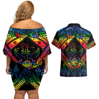 Personalised Tonga LGBT Couples Matching Off Shoulder Short Dress and Hawaiian Shirt Love Is Love Ngatu Rainbow Water Color LT9 - Wonder Print Shop