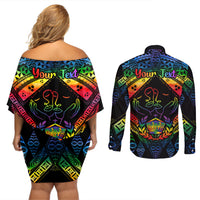Personalised Tonga LGBT Couples Matching Off Shoulder Short Dress and Long Sleeve Button Shirts Love Is Love Ngatu Rainbow Water Color LT9 - Wonder Print Shop
