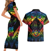 Personalised Tonga LGBT Couples Matching Short Sleeve Bodycon Dress and Hawaiian Shirt Love Is Love Ngatu Rainbow Water Color LT9 - Wonder Print Shop