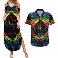 Personalised Tonga LGBT Couples Matching Summer Maxi Dress and Hawaiian Shirt Love Is Love Ngatu Rainbow Water Color LT9 - Wonder Print Shop