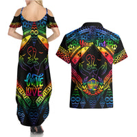 Personalised Tonga LGBT Couples Matching Summer Maxi Dress and Hawaiian Shirt Love Is Love Ngatu Rainbow Water Color LT9 - Wonder Print Shop