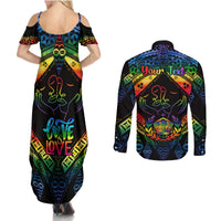 Personalised Tonga LGBT Couples Matching Summer Maxi Dress and Long Sleeve Button Shirts Love Is Love Ngatu Rainbow Water Color LT9 - Wonder Print Shop
