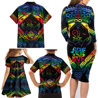 Personalised Tonga LGBT Family Matching Long Sleeve Bodycon Dress and Hawaiian Shirt Love Is Love Ngatu Rainbow Water Color LT9 - Wonder Print Shop