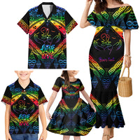 Personalised Tonga LGBT Family Matching Mermaid Dress and Hawaiian Shirt Love Is Love Ngatu Rainbow Water Color LT9 - Wonder Print Shop