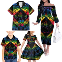 Personalised Tonga LGBT Family Matching Off Shoulder Long Sleeve Dress and Hawaiian Shirt Love Is Love Ngatu Rainbow Water Color - Wonder Print Shop