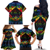 Personalised Tonga LGBT Family Matching Off Shoulder Long Sleeve Dress and Hawaiian Shirt Love Is Love Ngatu Rainbow Water Color - Wonder Print Shop