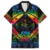 Black Hawaiian button-up shirt with rainbow tribal panel and Love Love graphic