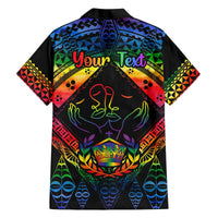 Black Hawaiian button-up shirt with neon rainbow tribal print and Your Text