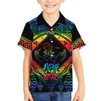 Black Hawaiian shirt for kids with rainbow tribal print and Love Love graphic