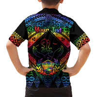 Black Hawaiian shirt for kids, back view, Your Text on rainbow tribal print
